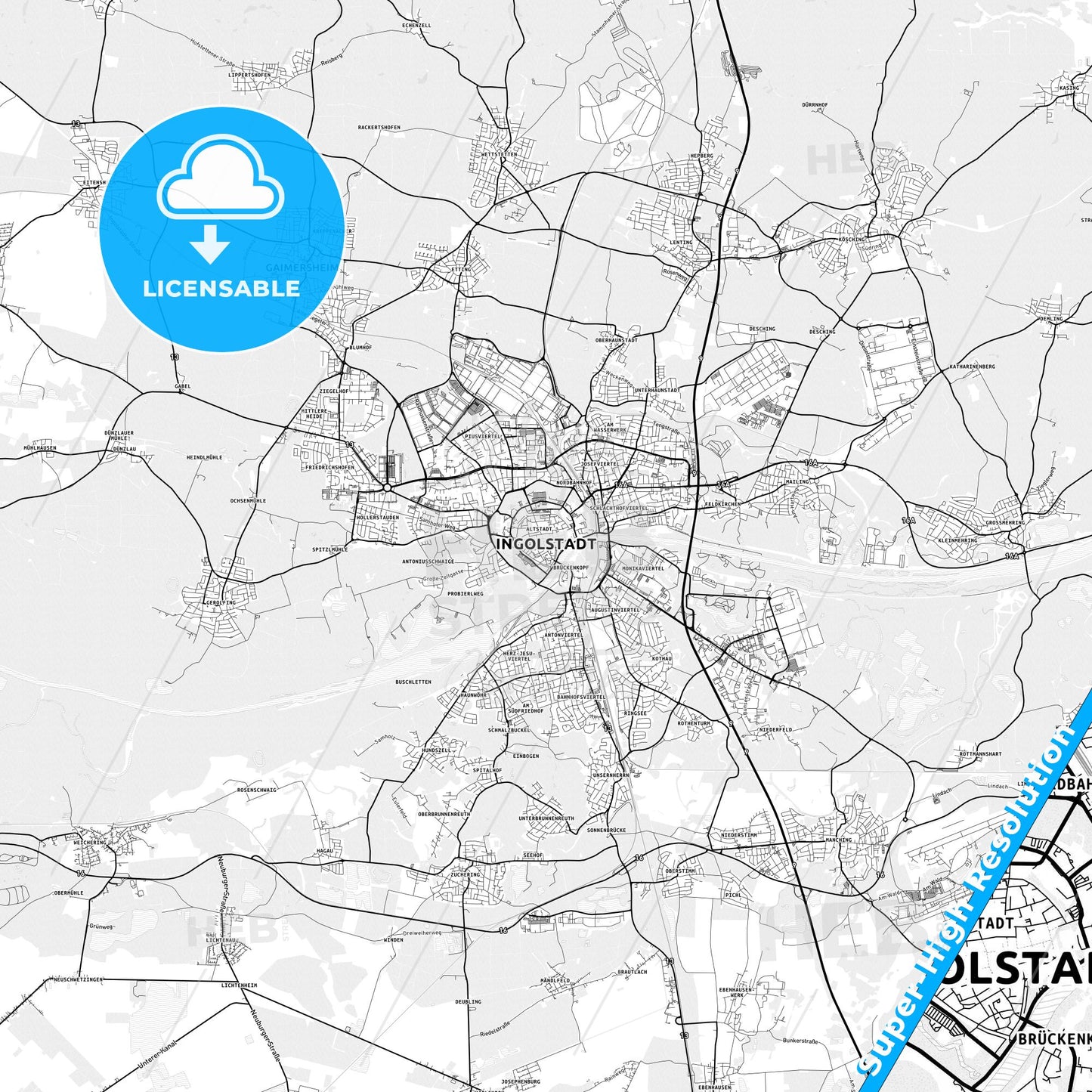 Ingolstadt, Germany light map with streetnames, citynames and districts