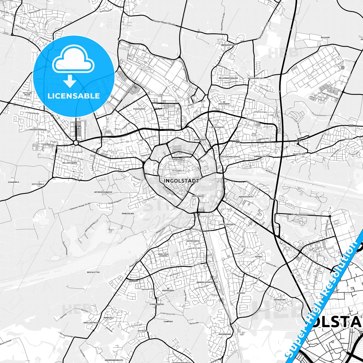 Ingolstadt, Germany Light Map with Street Names, City Names, and Districts