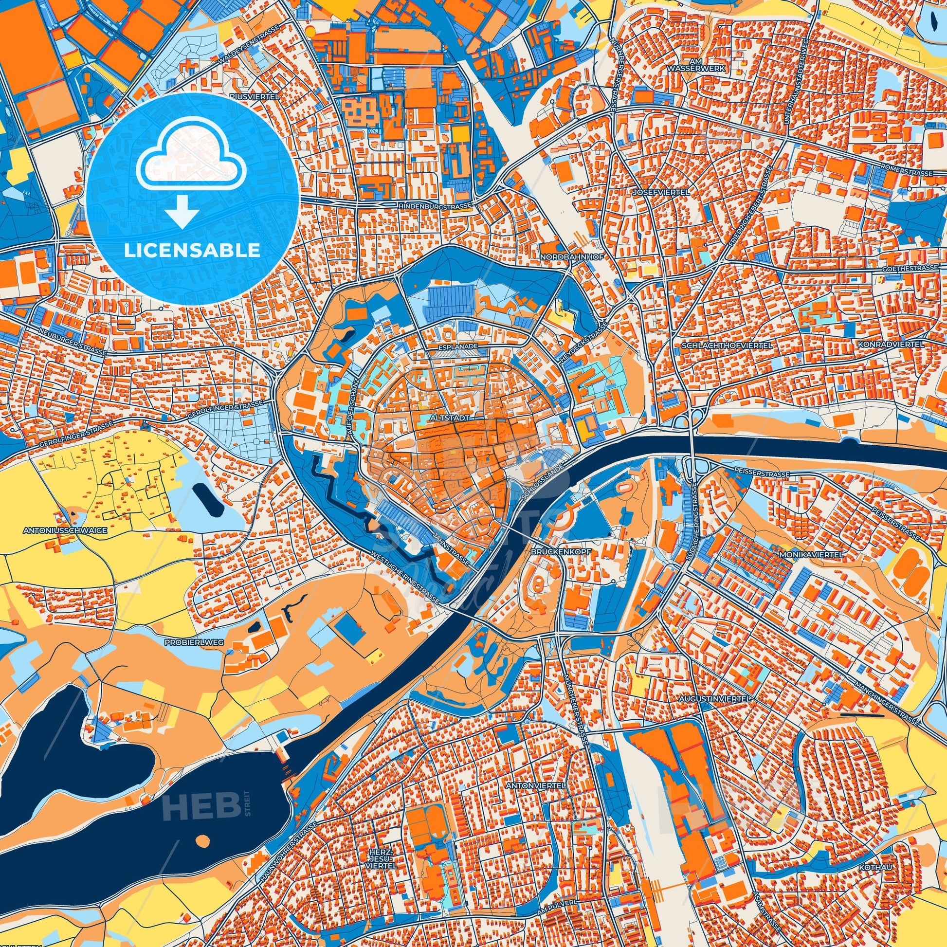 Colorful Ingolstadt Street Map with Labels and Buildings