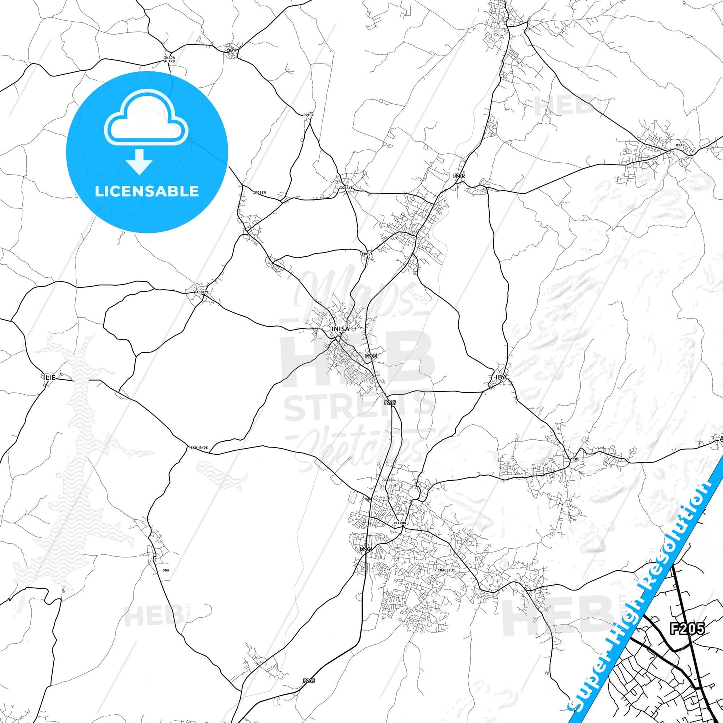 Inisa, Nigeria light map with streetnames, citynames and districts