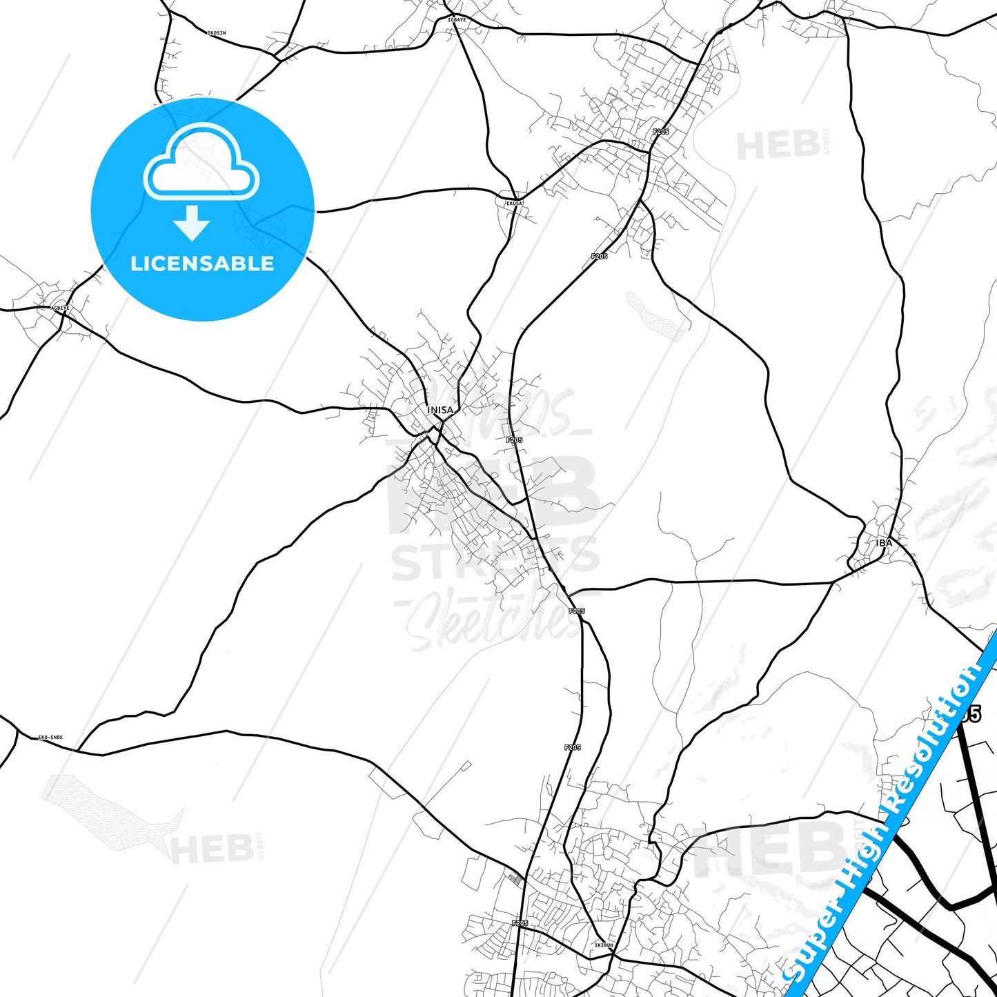 Inisa, Nigeria Light Map with Street Names, City Names, and Districts