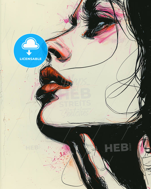 ink sketch, minamilistic lines. a closeup of a person's mouth - A drawing of a woman's face