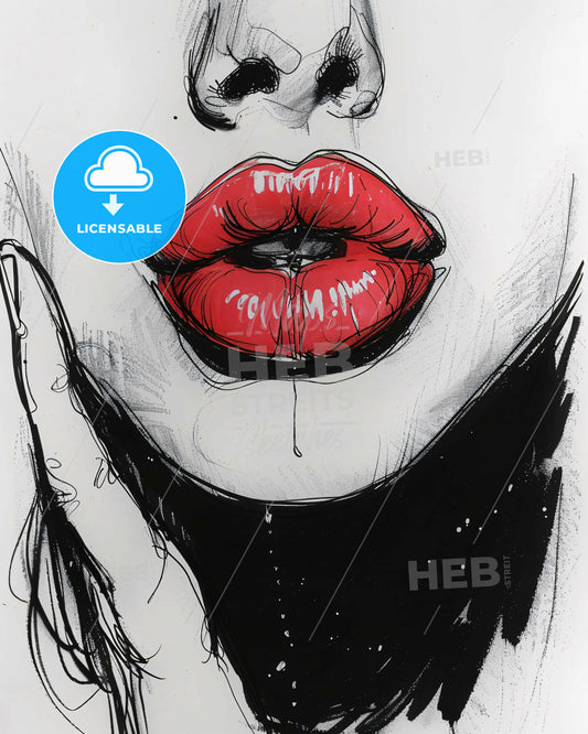 ink sketch, minamilistic lines. a closeup of a person's mouth - A drawing of a woman's lips