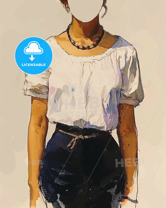 Minimalist Female Torso Ink Sketch - A woman wearing a white shirt and black shorts