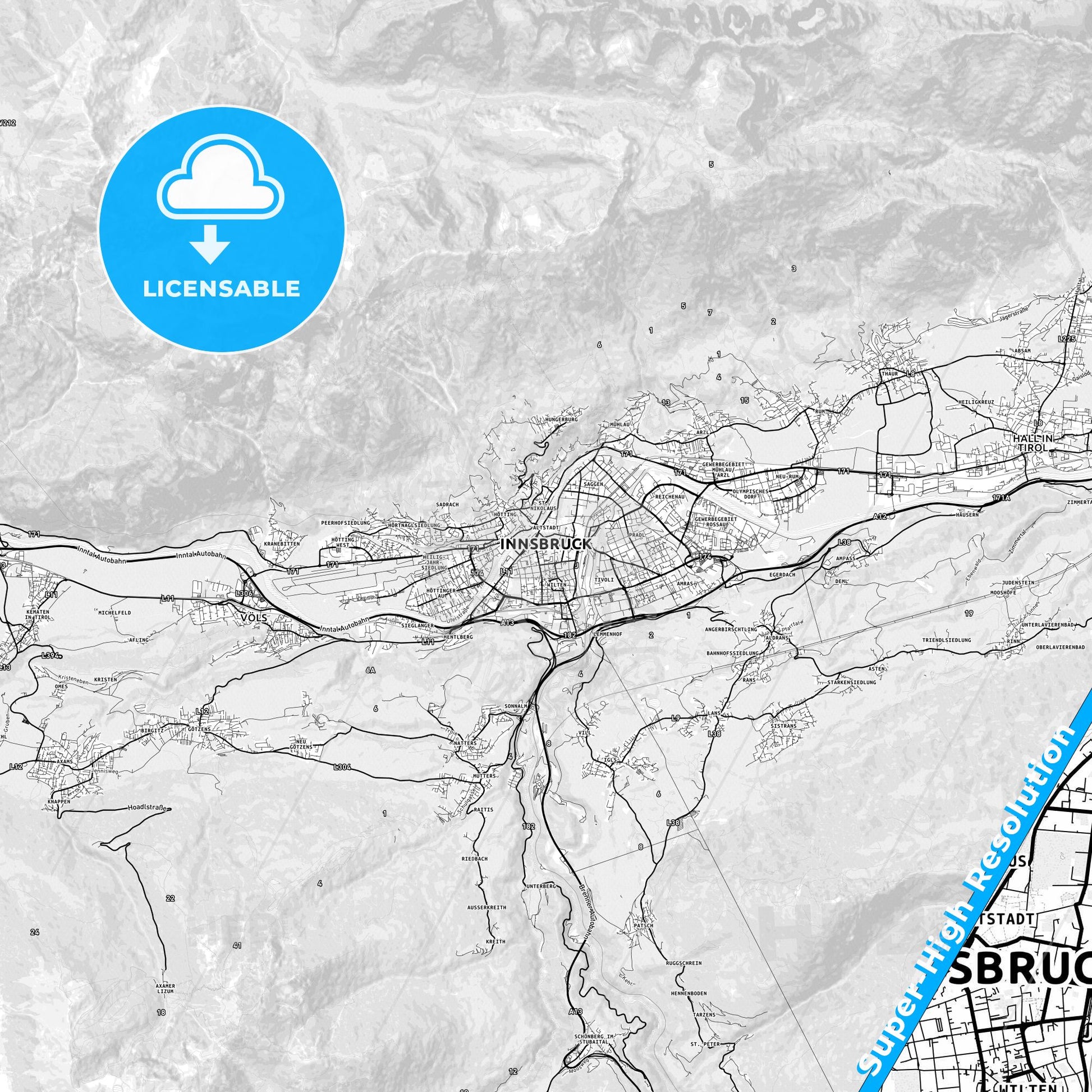 Innsbruck, Austria light map with streetnames, citynames and districts