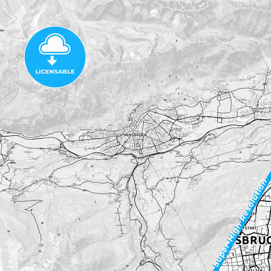 Innsbruck, Austria light map with streetnames, citynames and districts