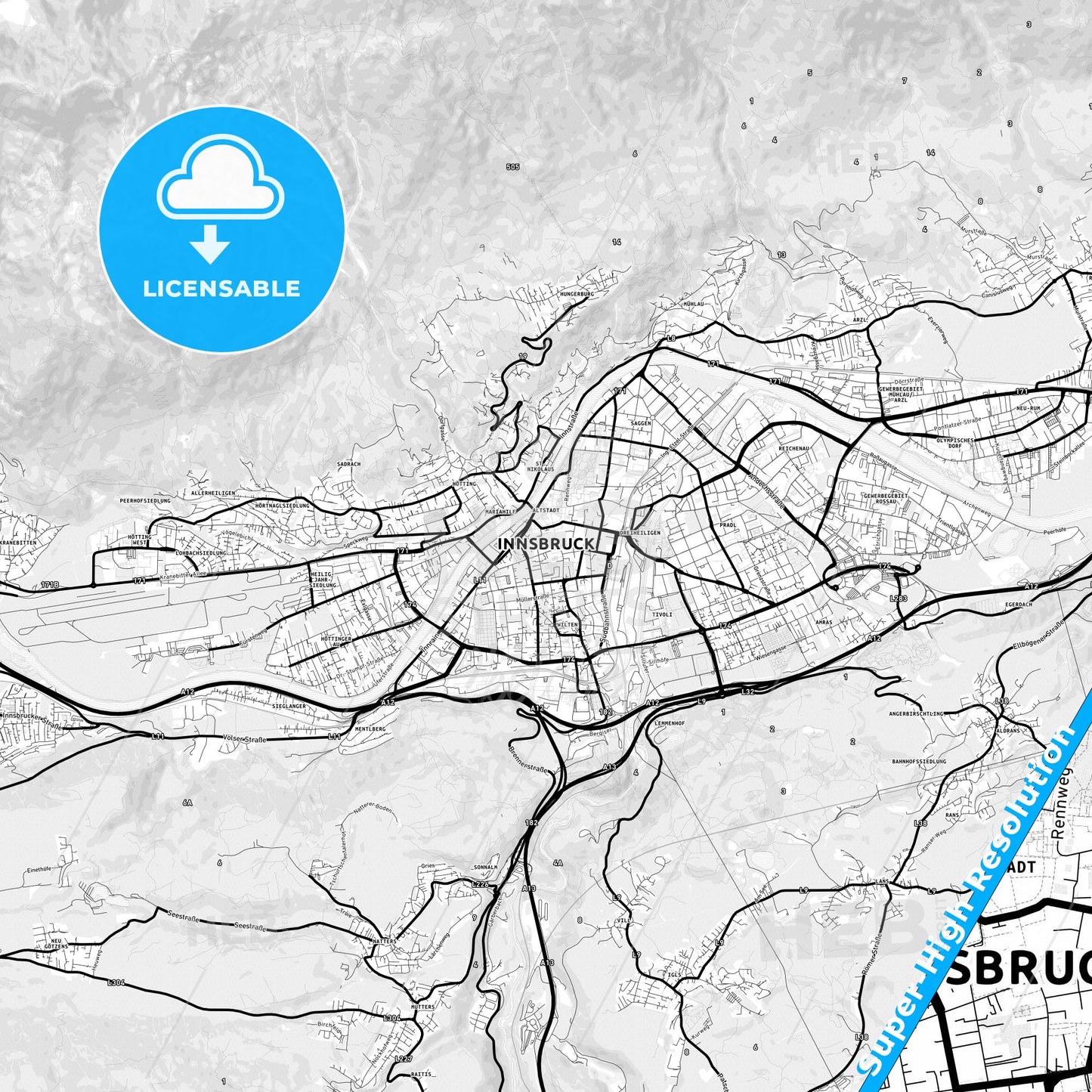 Innsbruck, Austria Light Map with Street Names, City Names, and Districts