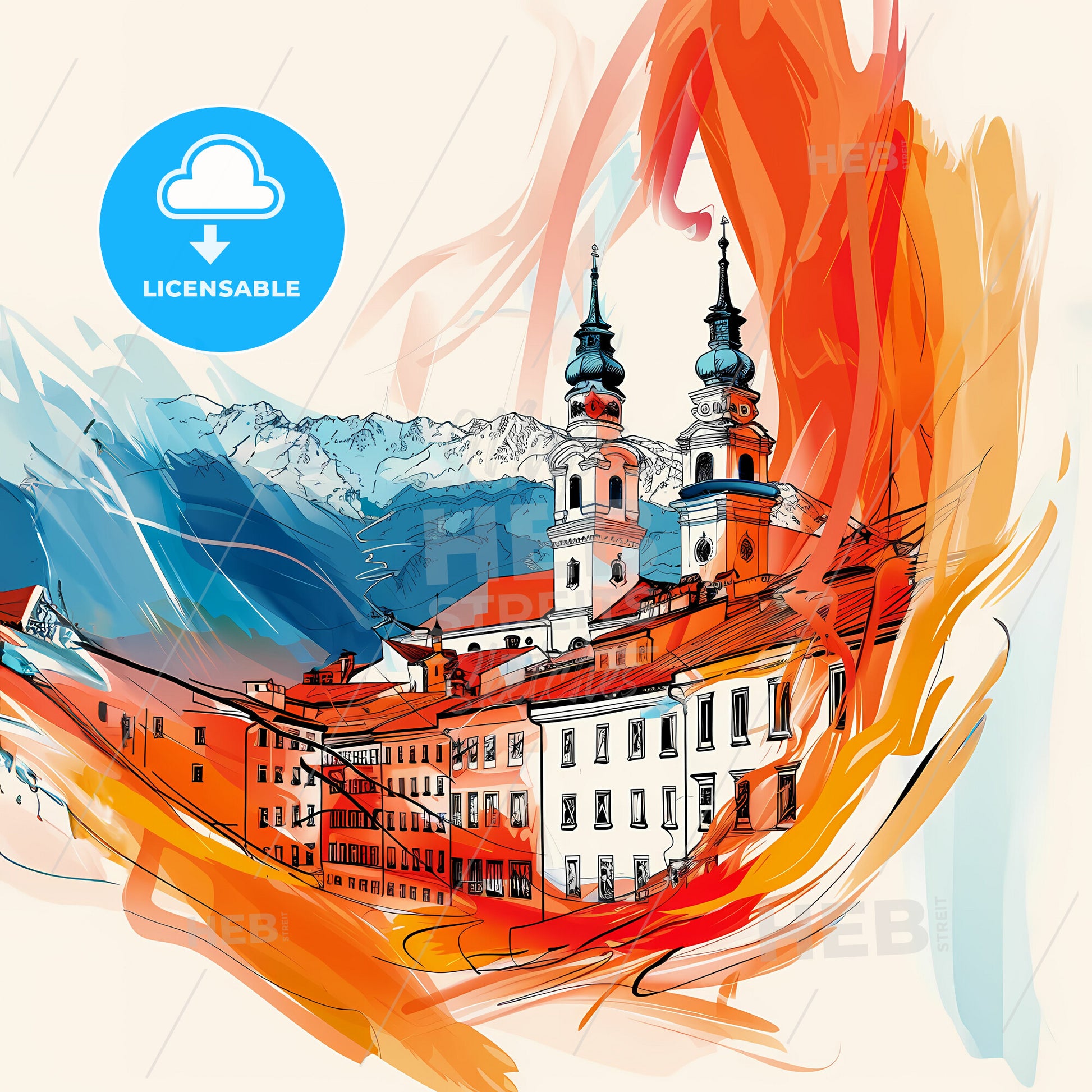 Vibrant Innsbruck, Austria - A Painting Of A Town With Buildings And Mountains