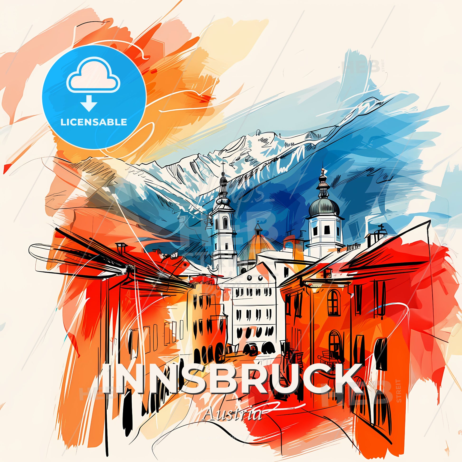 Vibrant Innsbruck, Austria - A Colorful Painting Of Buildings And Mountains - Square format print template