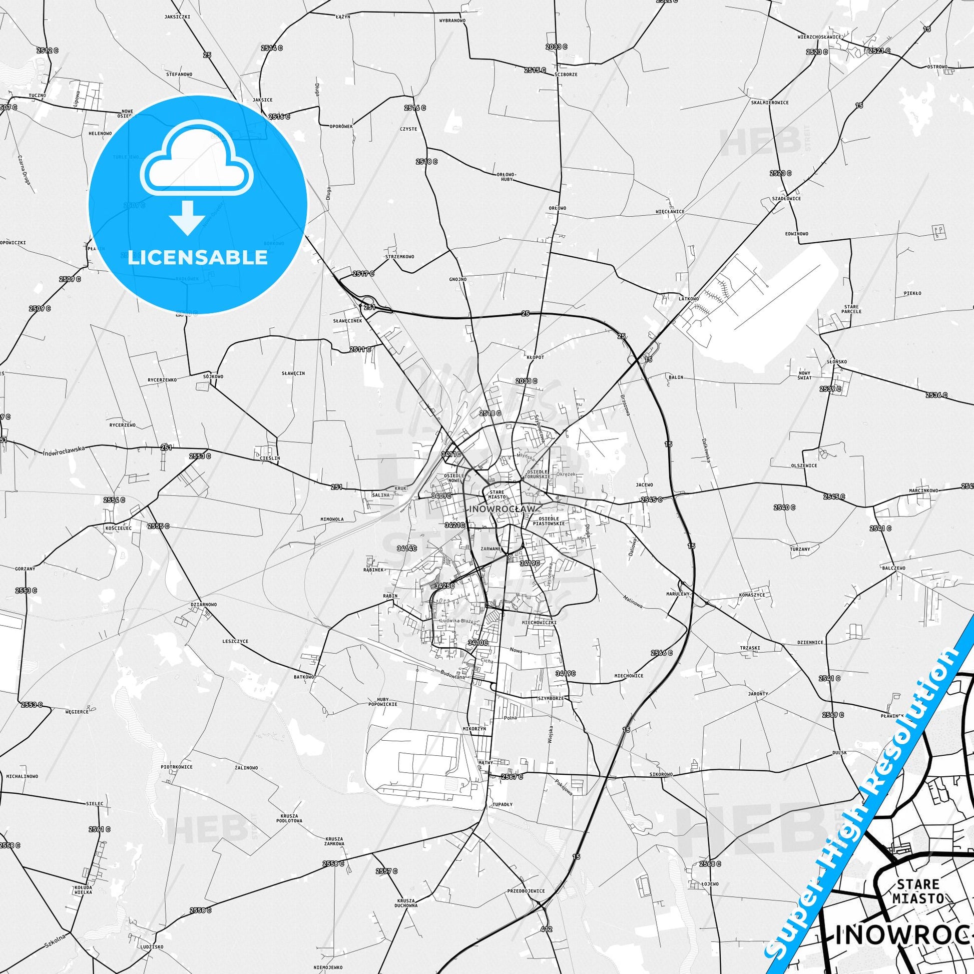 Inowrocław, Poland light map with streetnames, citynames and districts