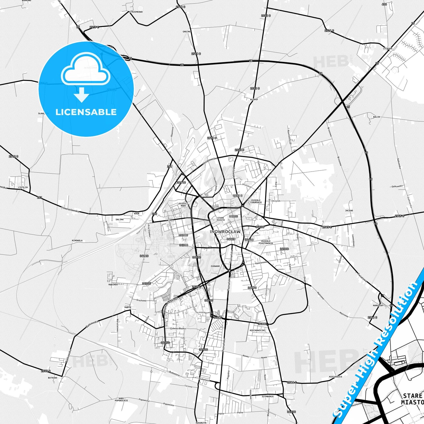 Inowrocław, Poland Light Map with Street Names, City Names, and Districts