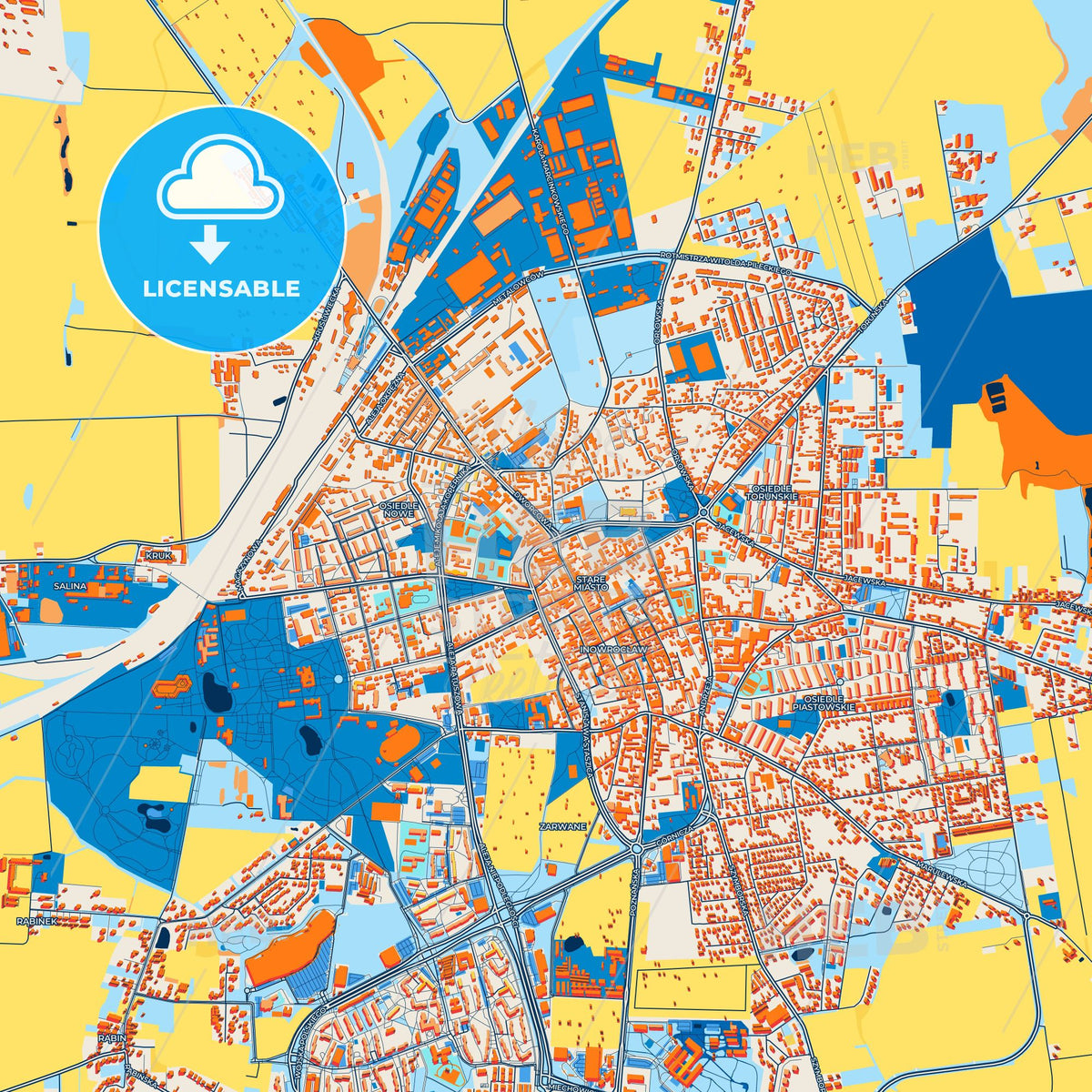 Colorful Inowrocław Street Map with Labels and Buildings