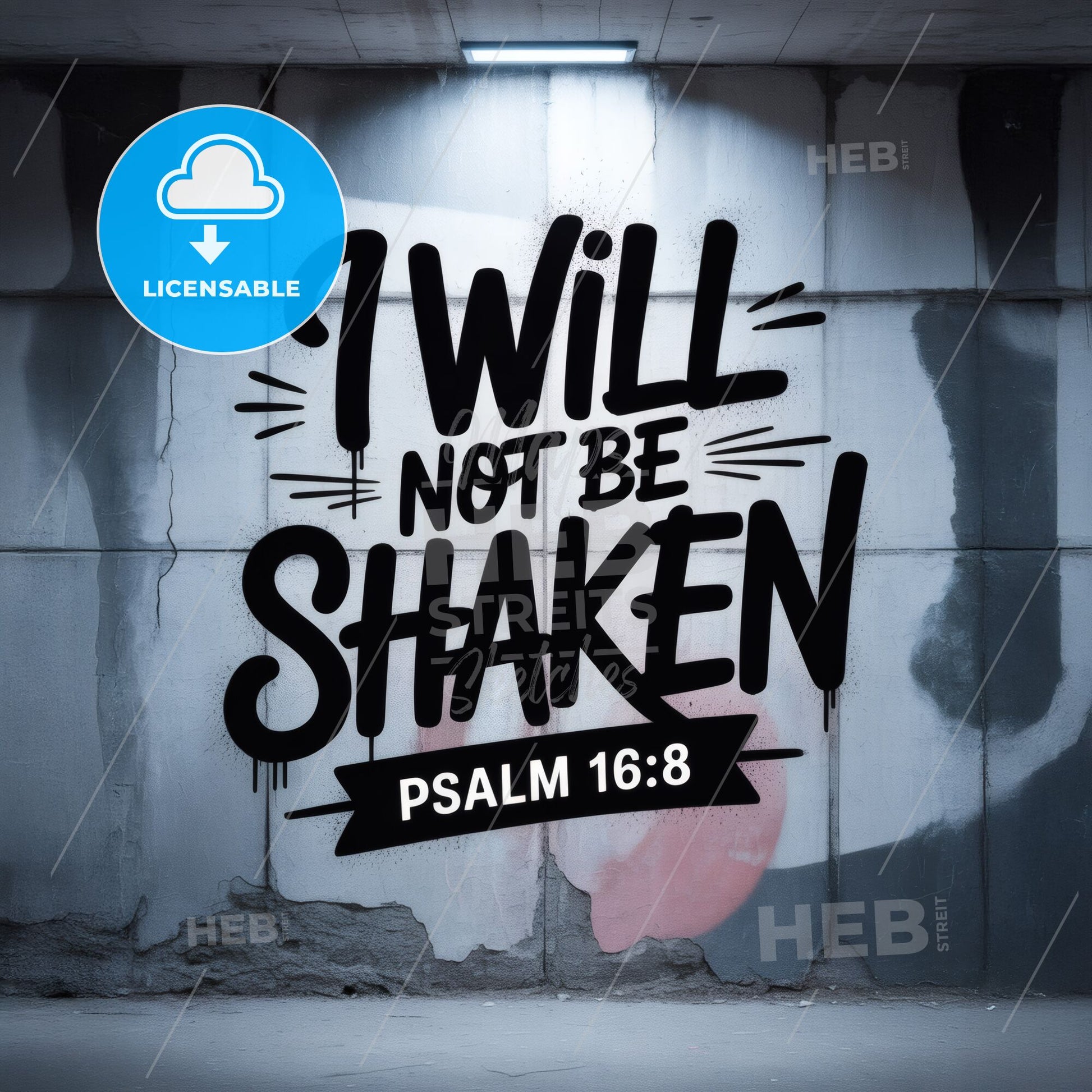 Inspirational Wall Art Featuring 'I Will Not Be Shaken' with Psalm 16:8 in Urban Setting.
