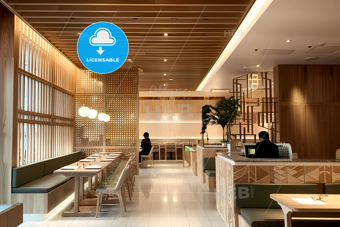 Modern Restaurant Interior with Light Wood, Wall Patterns, White Ceiling, and Vibrant Painting