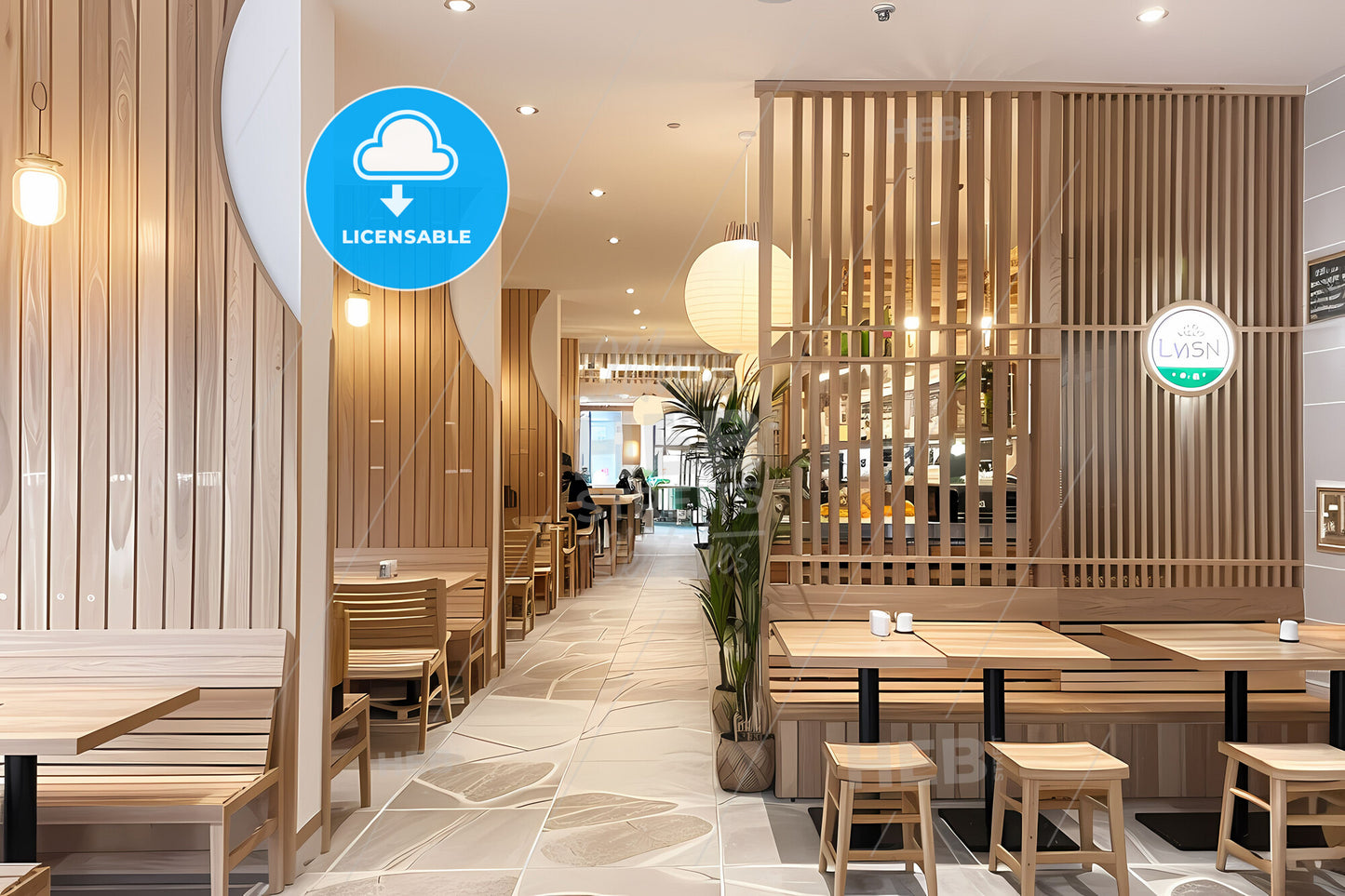 Modern Restaurant Interior with Light Wood Accents, Wall Art, White Ceiling, Modern Lighting, and Bright Ambiance