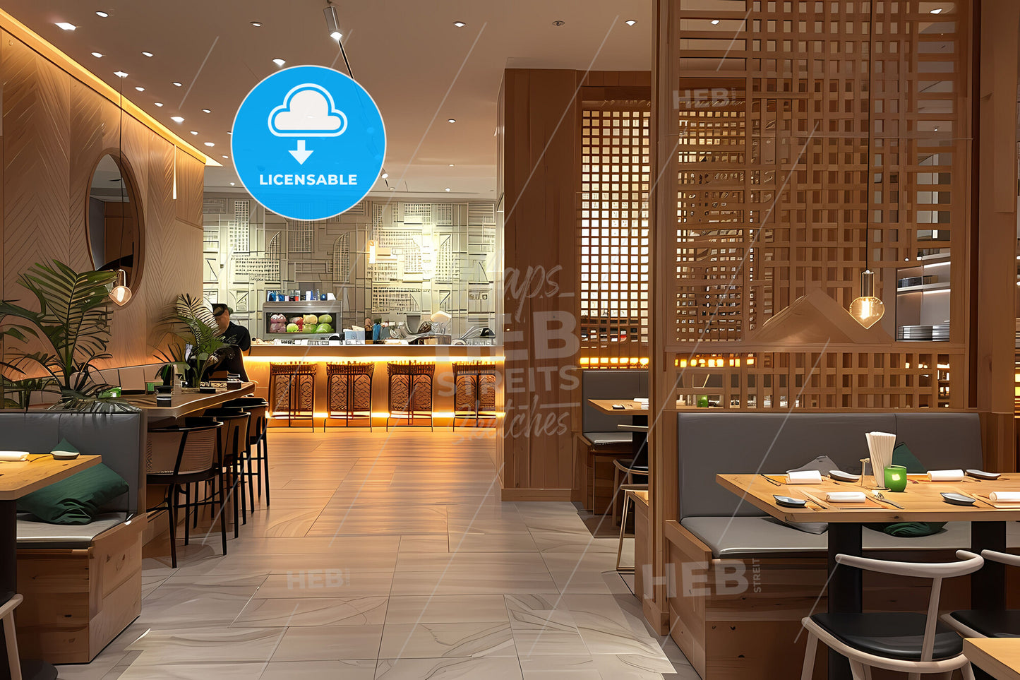 Modern restaurant interior with light wood, wall patterns, white ceiling, modern lighting, bright ambiance, tables, chairs, vibrant painting, art