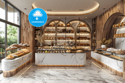 Modern Bakery Interior with Vibrant Abstract Art Shelves Counters and Food Display