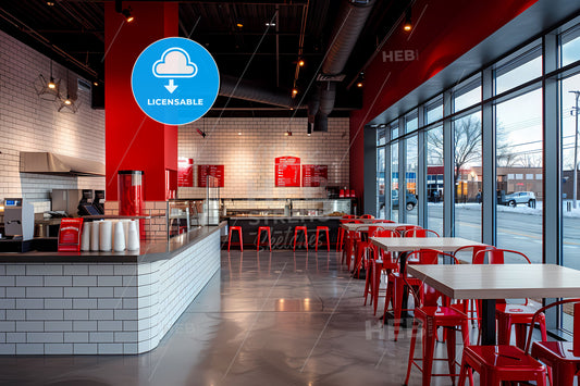 Modern Fast-Food Interior with Red and White Decor and Vibrant Abstract Artwork