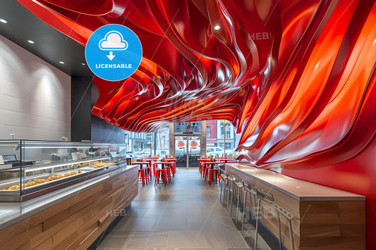 Modern Fast-Food Restaurant Interior with Vibrant Red and White Color Scheme Featuring Artistic Painting