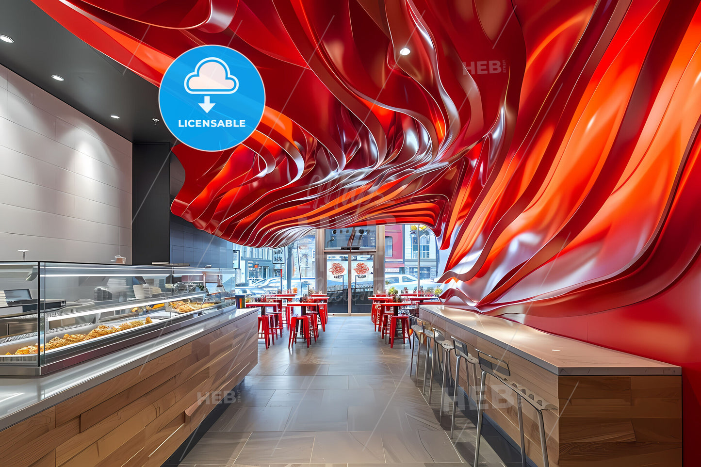 Modern Fast-Food Restaurant Interior with Vibrant Red and White Color Scheme Featuring Artistic Painting