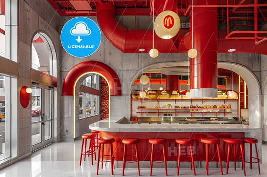 Contemporary Fast-Food Restaurant Interior Design Featuring Vibrant Red and White Color Scheme and Prominent Artwork