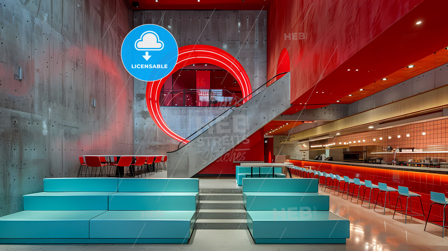 Vibrant Abstract Painting in Urban Blue, Red, and Silver Restaurant Interior with Neon Lighting and Staircase