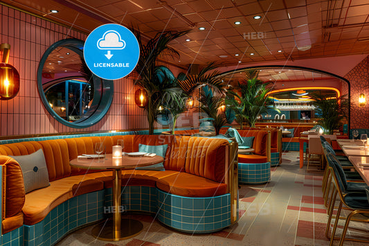 Art-Inspired Restaurant Interior with Beach Club Ambiance and Global Culinary Influences Featuring Vibrant Paintings
