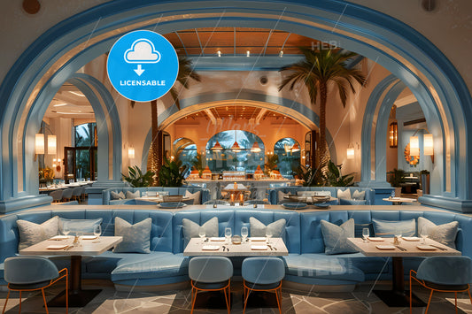 Vibrant and Artistic Restaurant Interior with Beach Club and Culinary World Tour Ambiance