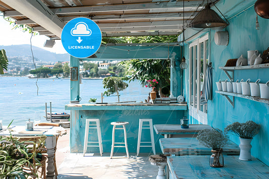 Vibrant Restaurant Patio with Travel-Inspired Art and Beach Club Ambiance - Blue Bar, Tables, Chairs, Painting