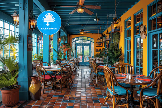 Travel-Inspired Restaurant Interior: Artful Ambiance, Global Cuisine, Beach Club Vibes, Vibrant Artwork, Culinary World Tour