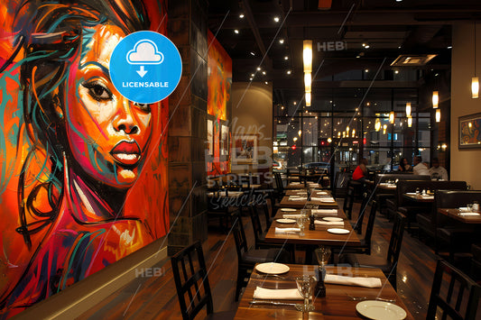 Vibrant Jazz-Inspired Soul Food Restaurant Interior with Captivating Wall Art