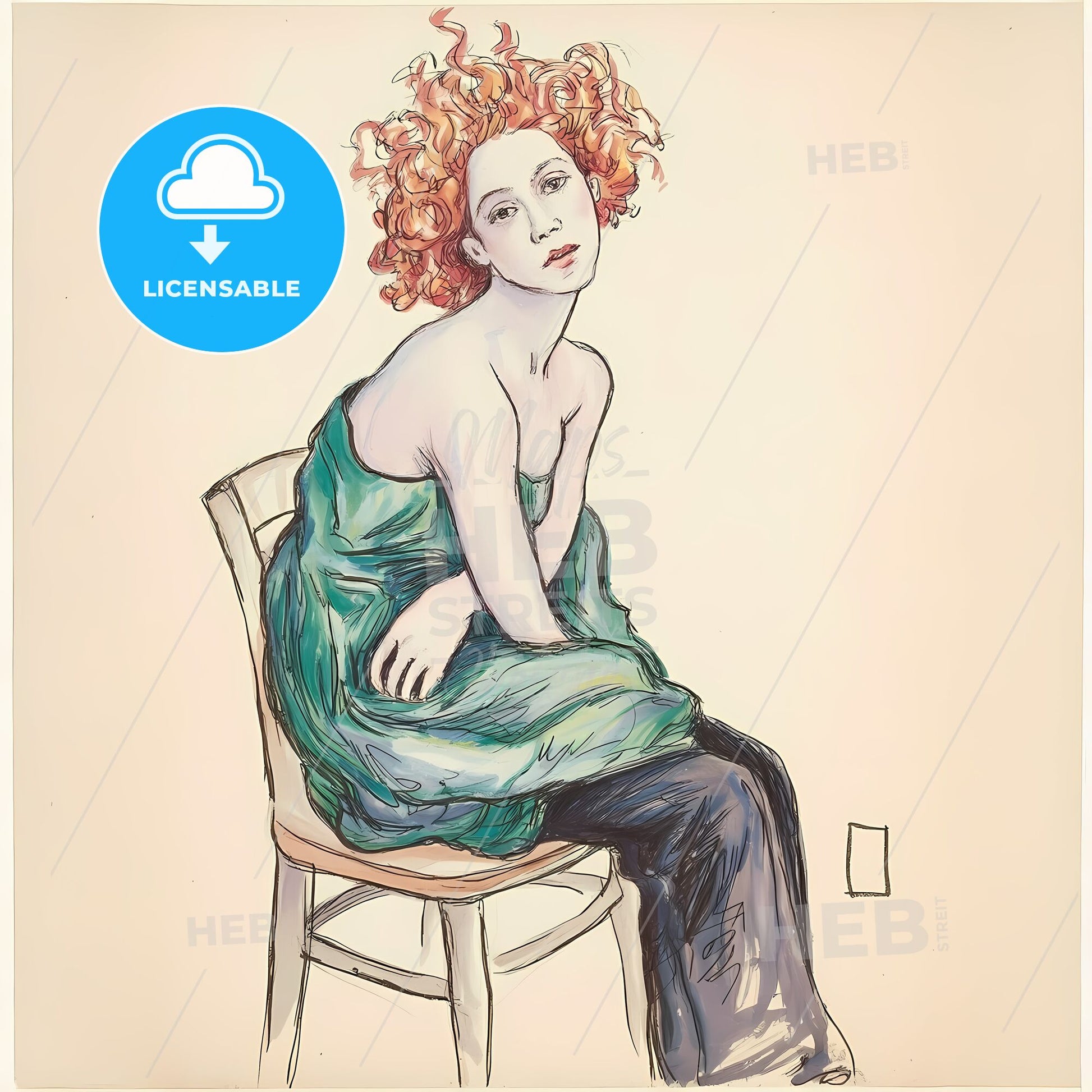 Intimate Reflection: Curly-Haired Muse in Elegant Green Drapery