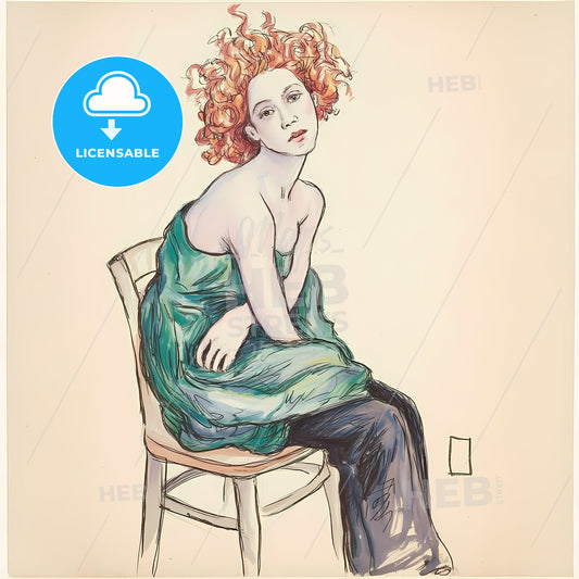 Intimate Reflection: Curly-Haired Muse in Elegant Green Drapery