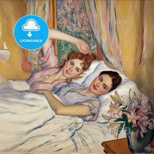 Intimate Reverie: Two Women Embracing Serenity in Soft Hues