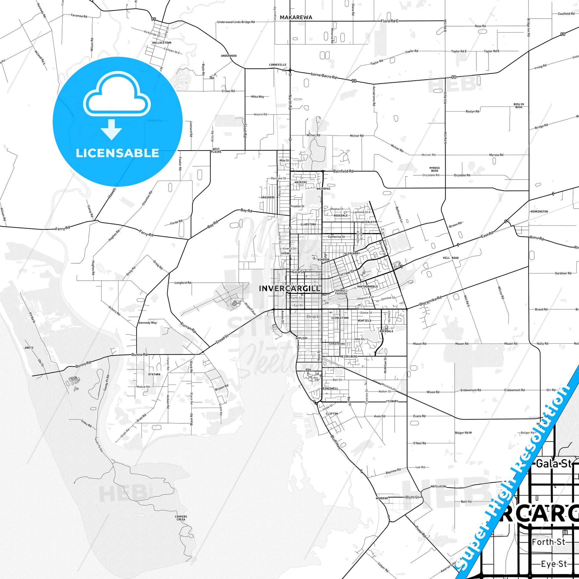 Invercargill, New Zealand light map with streetnames, citynames and districts