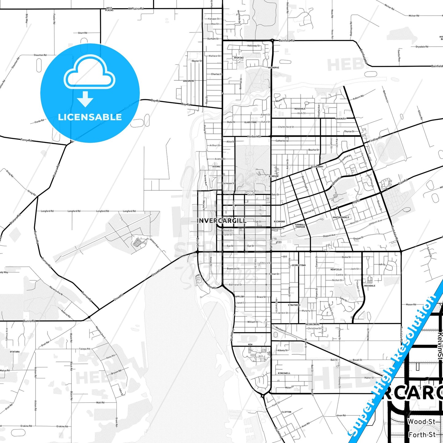 Invercargill, New Zealand Light Map with Street Names, City Names, and Districts