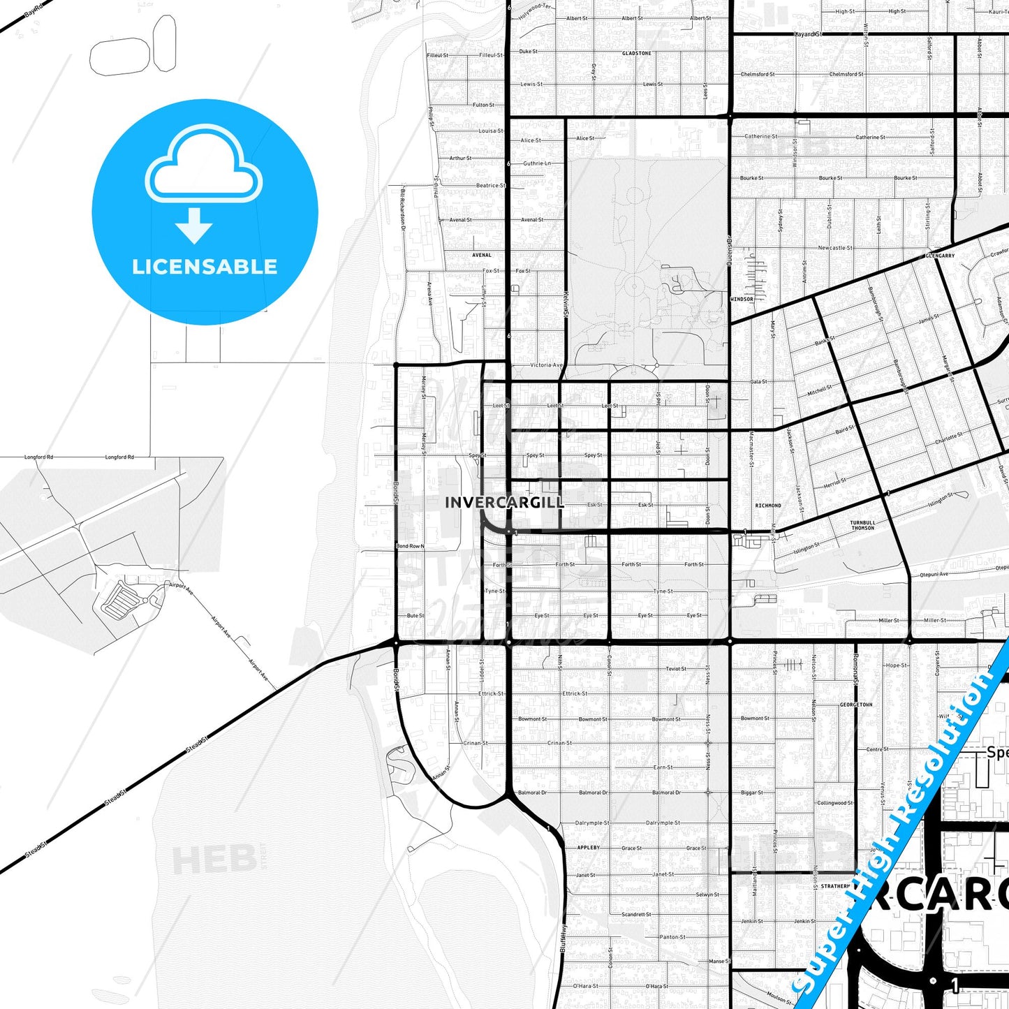 Invercargill, New Zealand Light Map with Street Names, City Names, and Districts