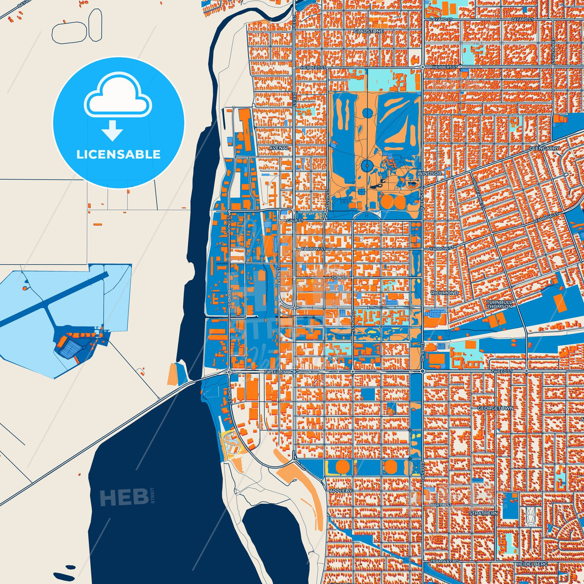 Colorful Invercargill Street Map with Labels and Buildings
