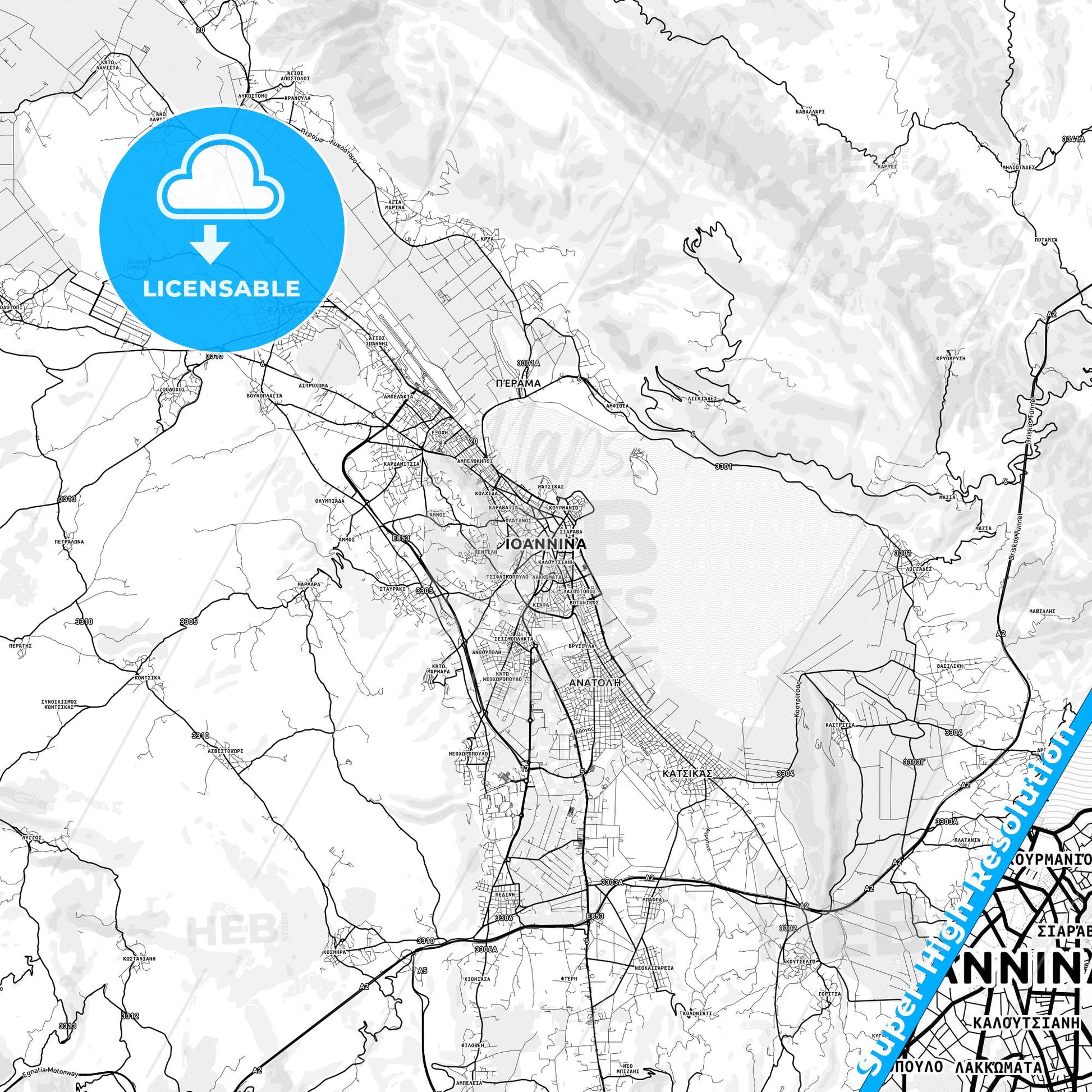 Ioannina, Greece light map with streetnames, citynames and districts