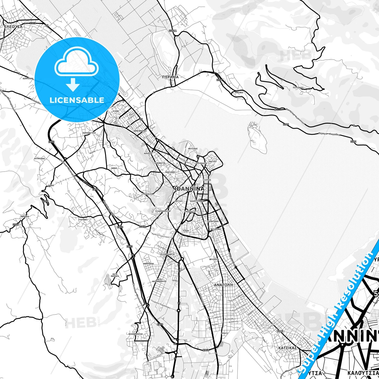Ioannina, Greece Light Map with Street Names, City Names, and Districts
