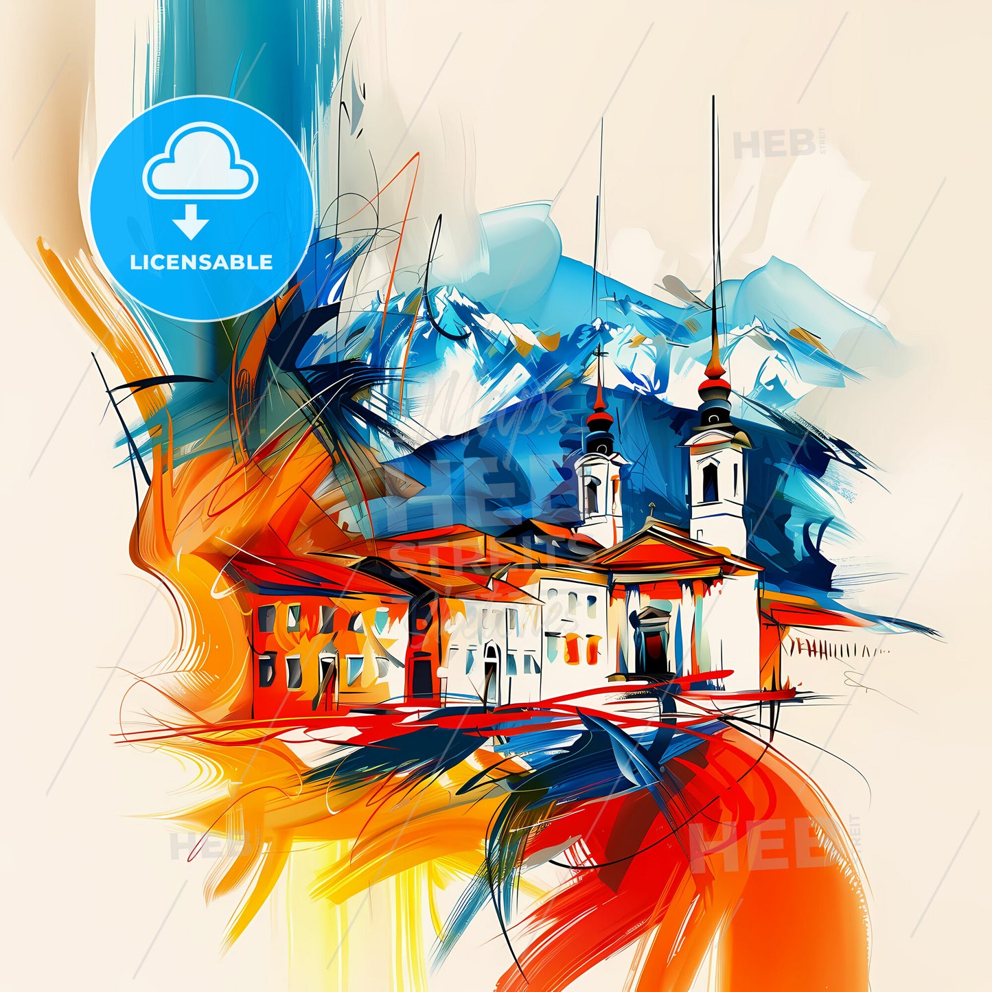 Vibrant Ioannina, Greece - A Painting Of A Building With A Mountain In The Background