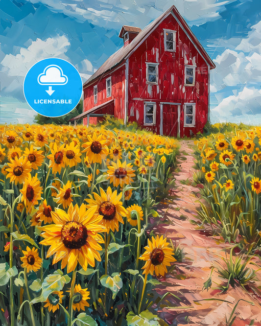 Vibrant Sunflower Field and Red Barn Art Painting, Iowa, United States