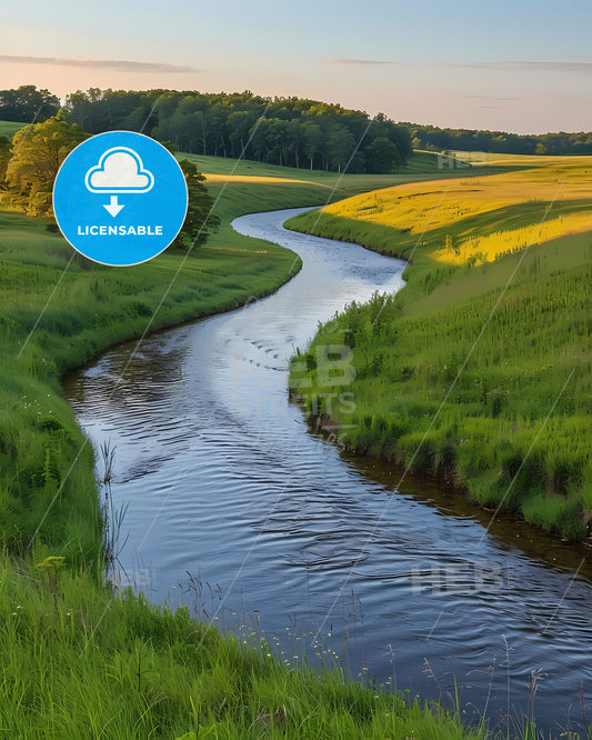 Green Field River Scene, Vibrant Art, Iowa, USA