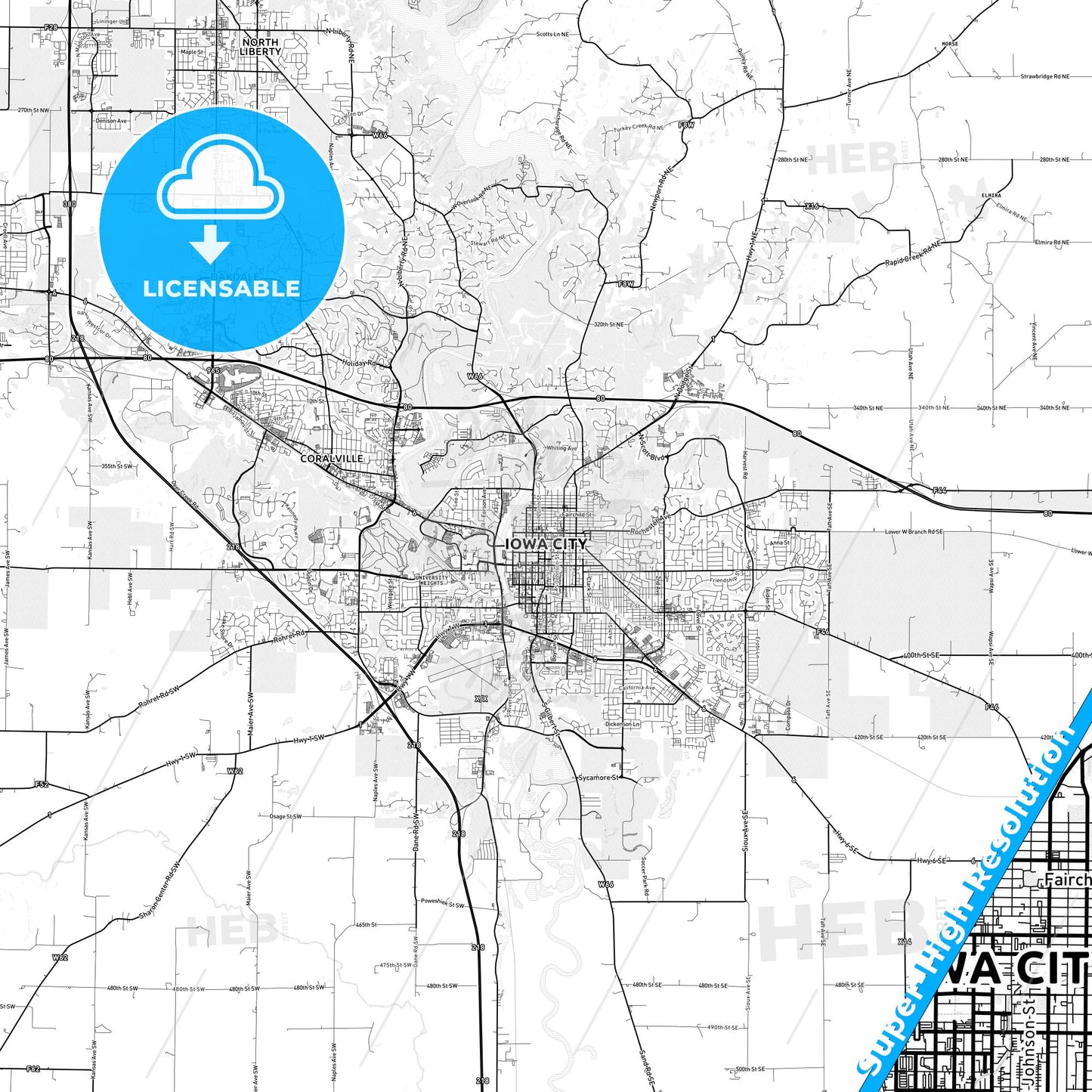 Iowa City, Iowa light map with streetnames, citynames and districts