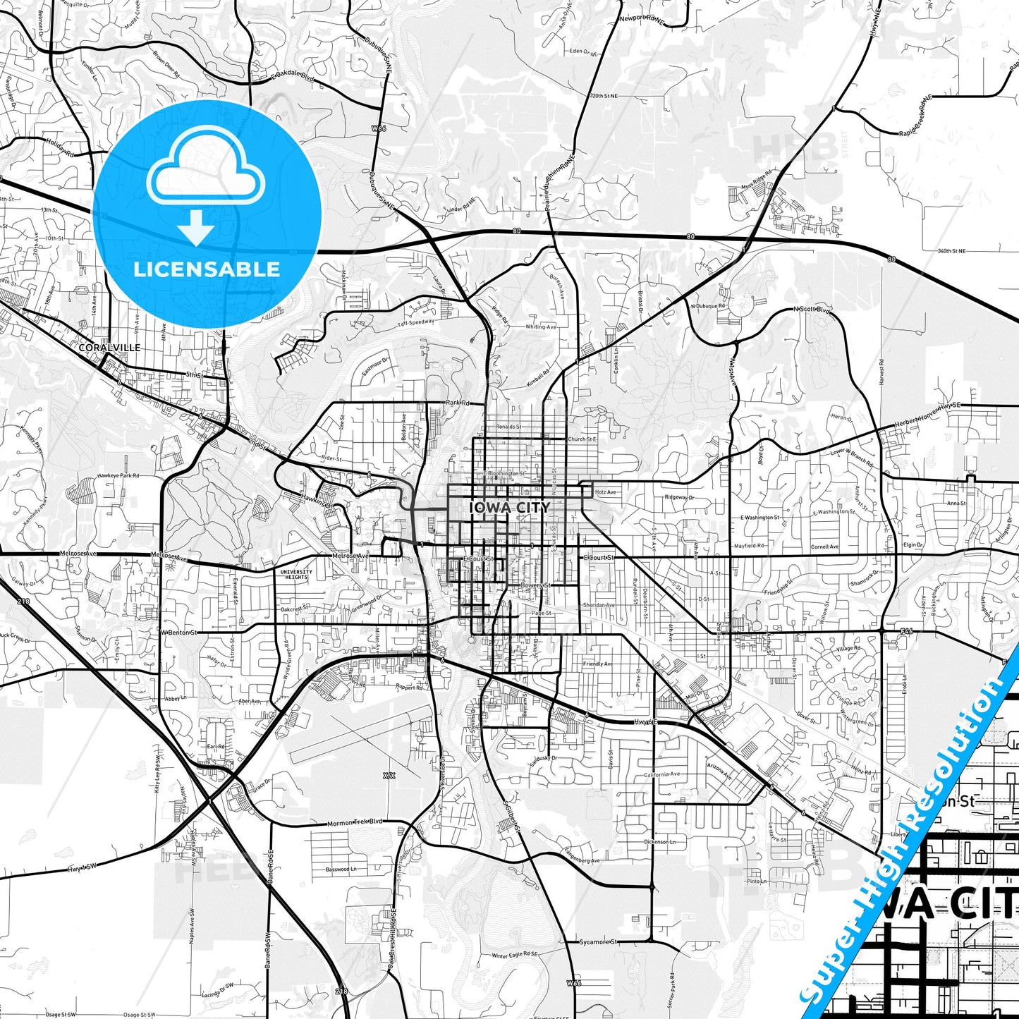 Iowa City, Iowa Light Map with Street Names, City Names, and Districts