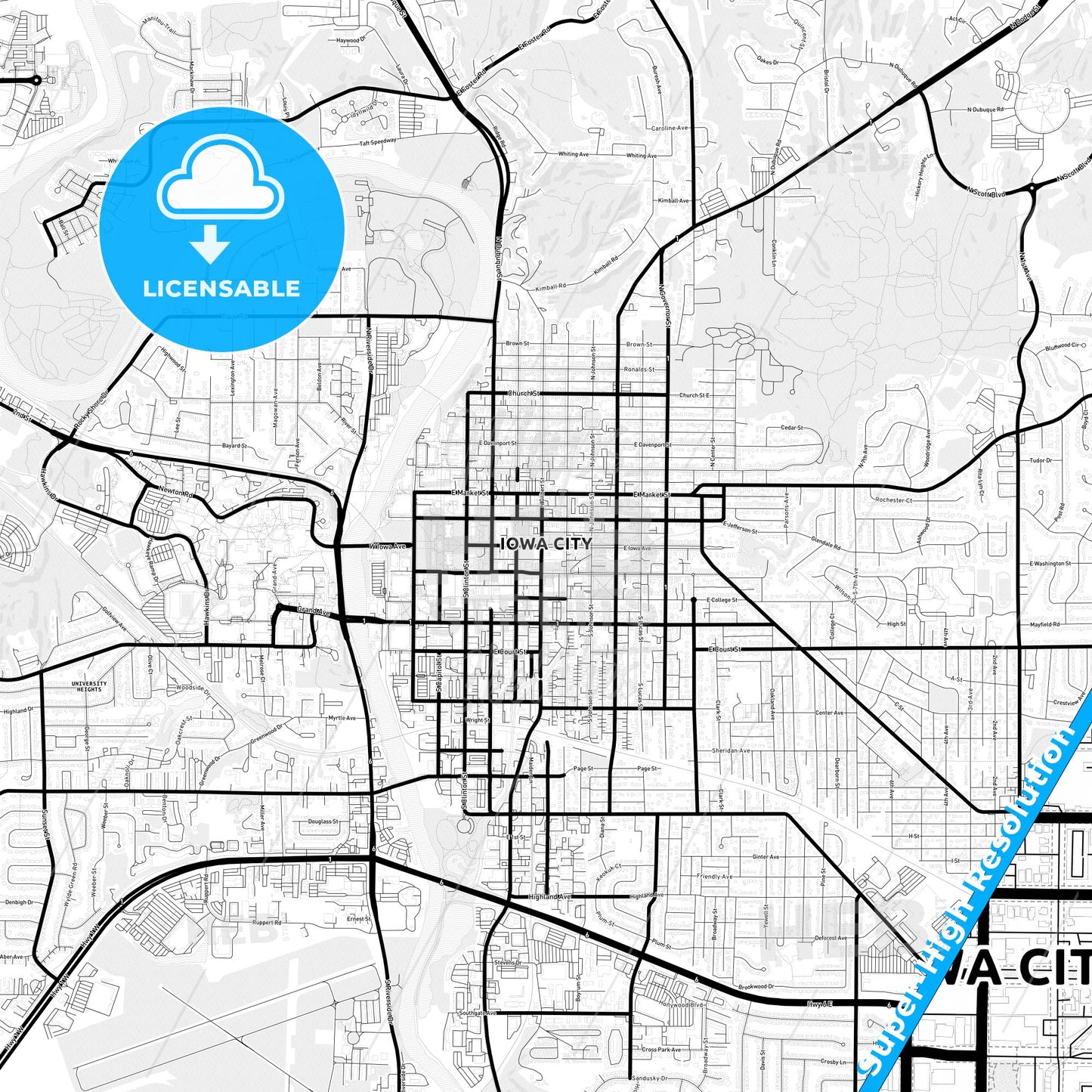 Iowa City, Iowa Light Map with Street Names, City Names, and Districts