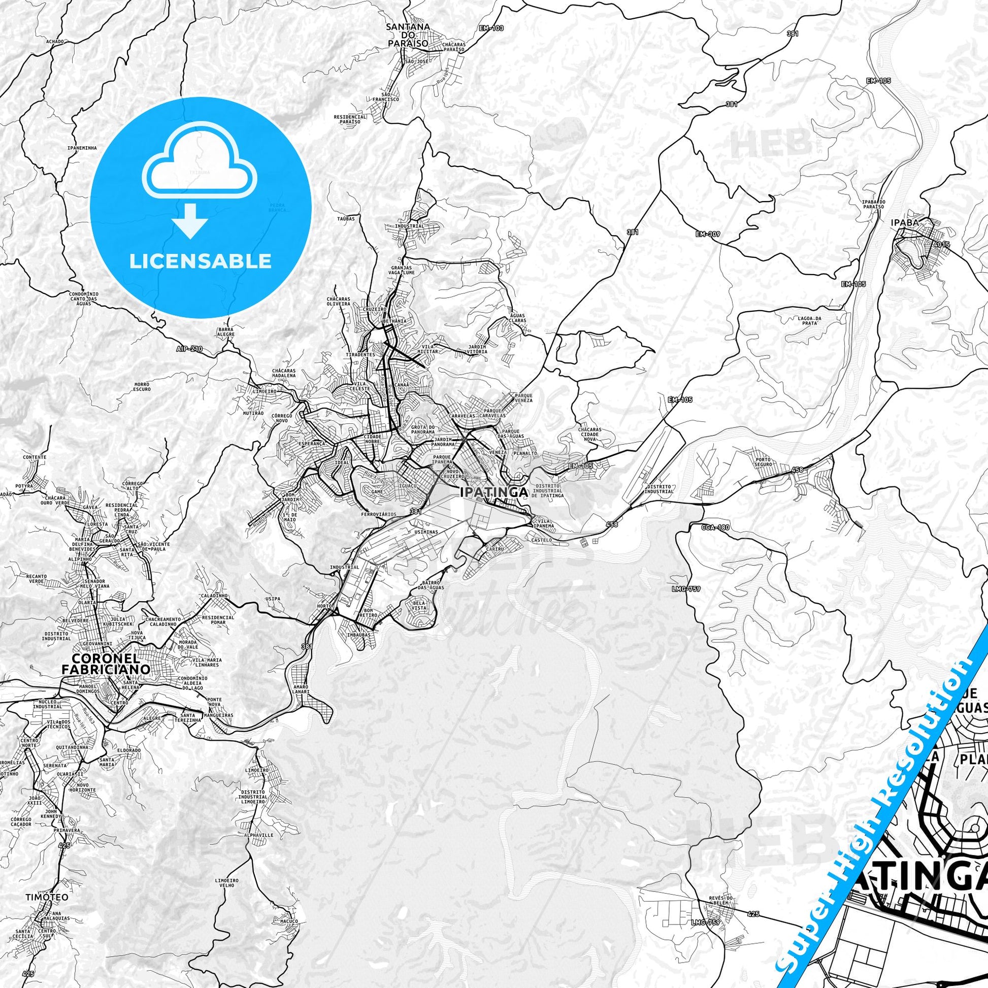 Ipatinga, Brazil light map with streetnames, citynames and districts