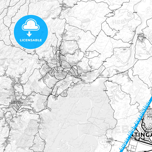 Ipatinga, Brazil light map with streetnames, citynames and districts