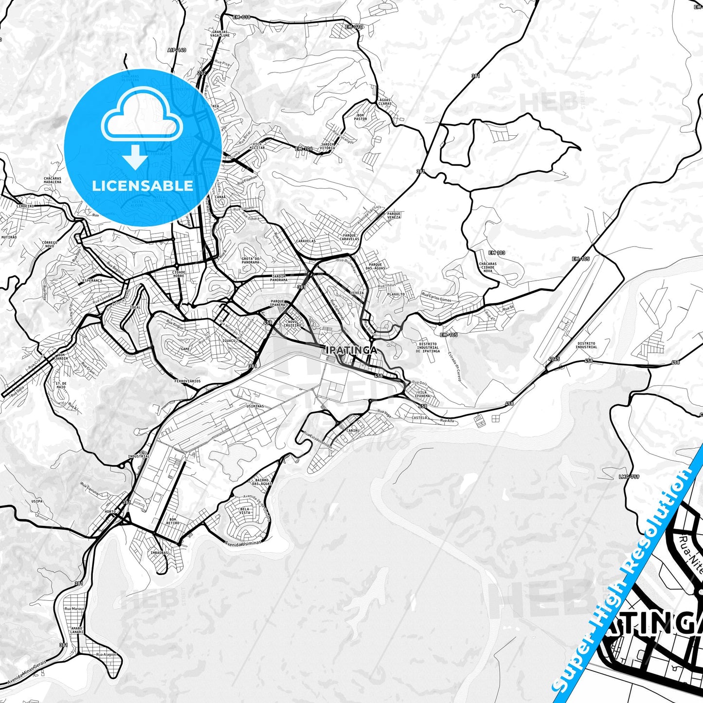 Ipatinga, Brazil Light Map with Street Names, City Names, and Districts