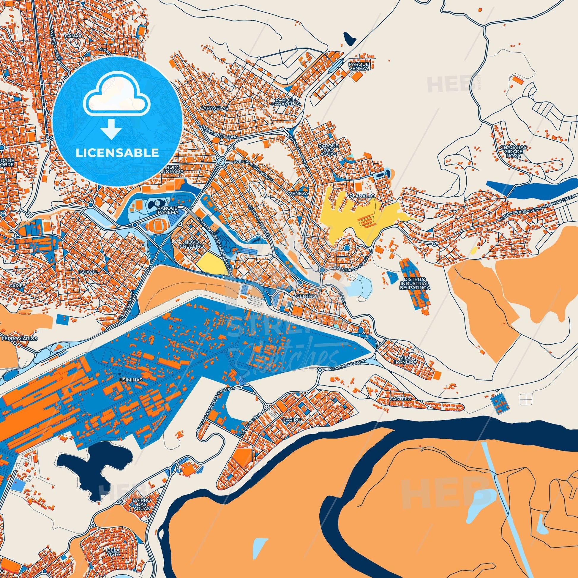 Colorful Ipatinga Street Map with Labels and Buildings